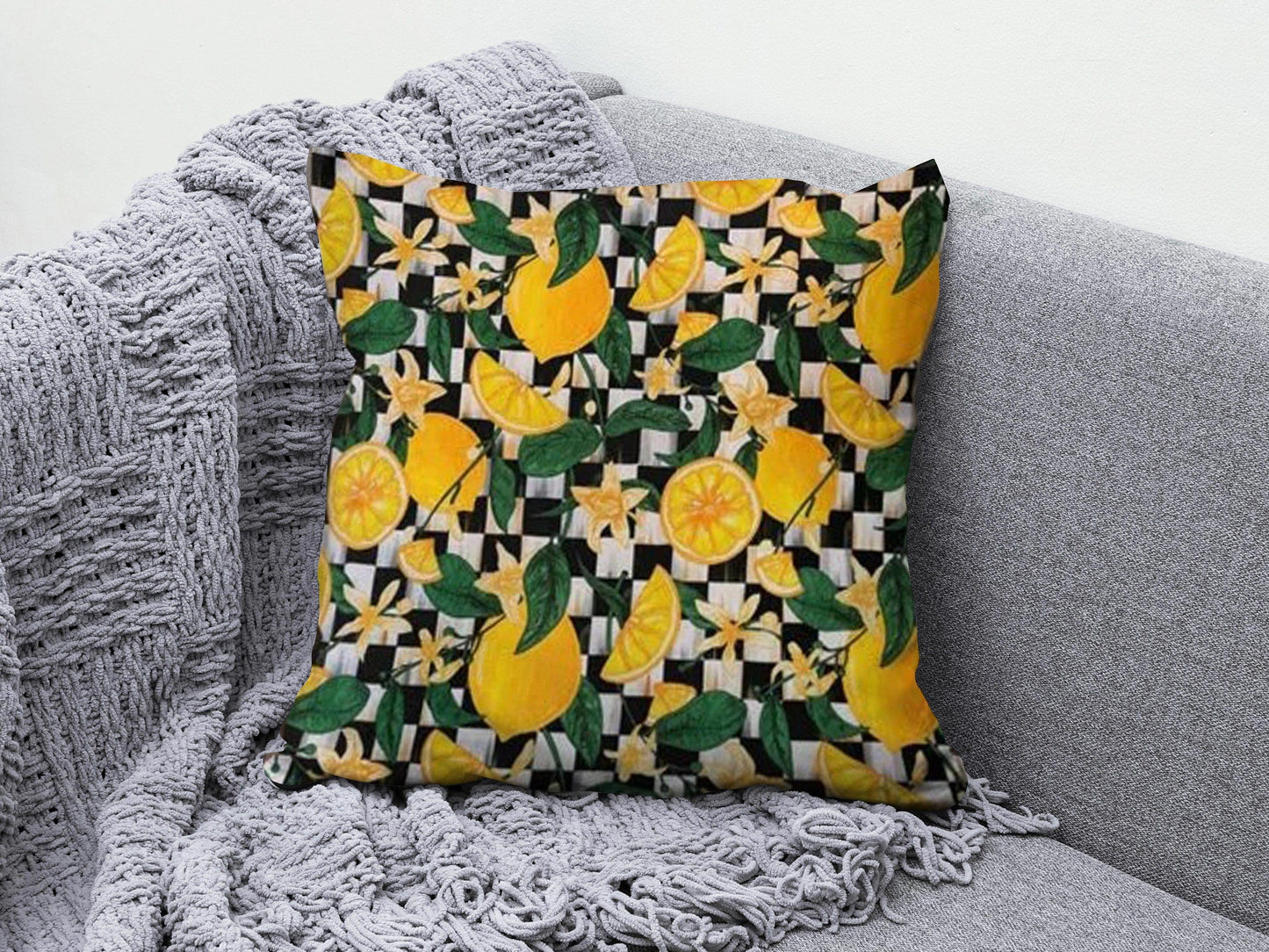 Onay 4 / 12 x 12 inch (30 x 30 cm) Lemon Orange Citrus Yellow & Black Striped Cushion Cover