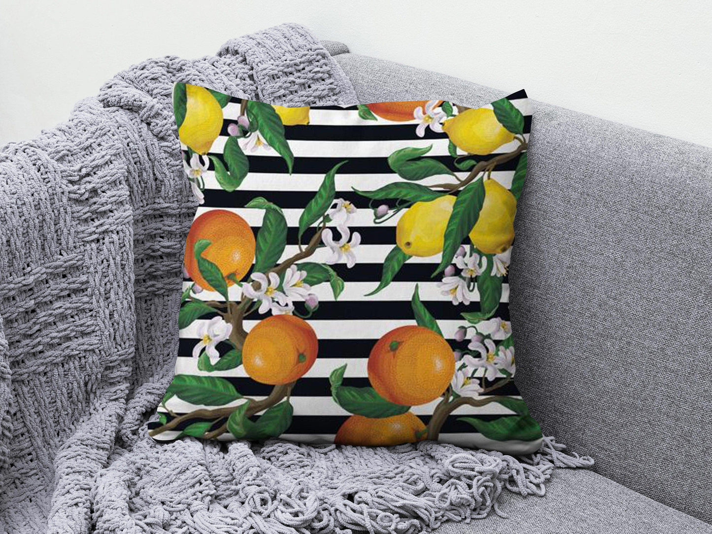 Onay 1 / 12 x 12 inch (30 x 30 cm) Lemon Orange Citrus Yellow & Black Striped Cushion Cover