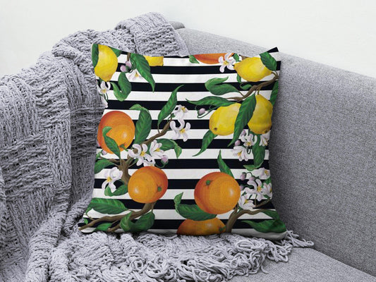 Onay 1 / 12 x 12 inch (30 x 30 cm) Lemon Orange Citrus Yellow & Black Striped Cushion Cover