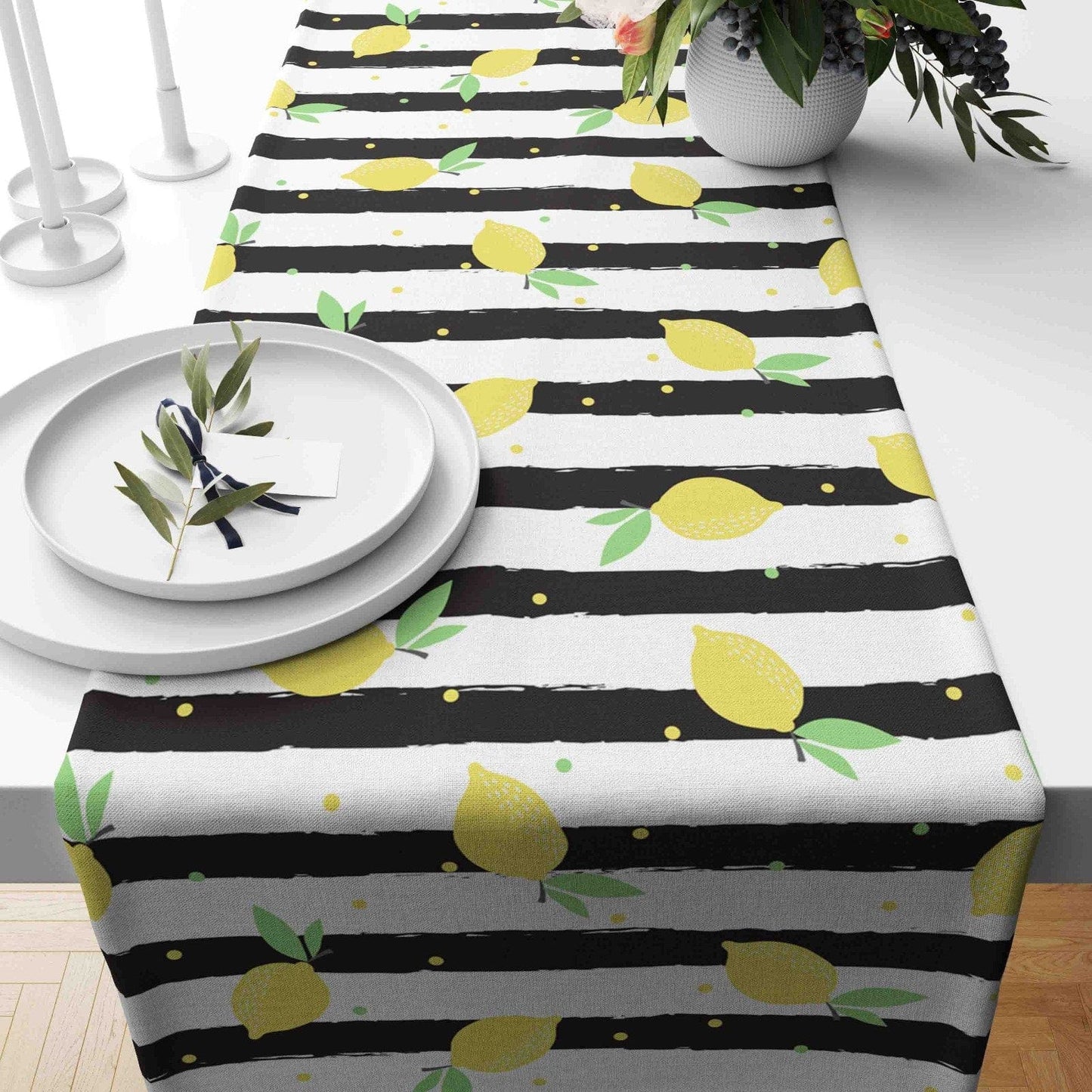 Onay Home Textile table runner 4 / 12 x 46 inch (30 x 120 cm) Lemon Table Runner Floral Table Cloth Stripe Lime Decoration