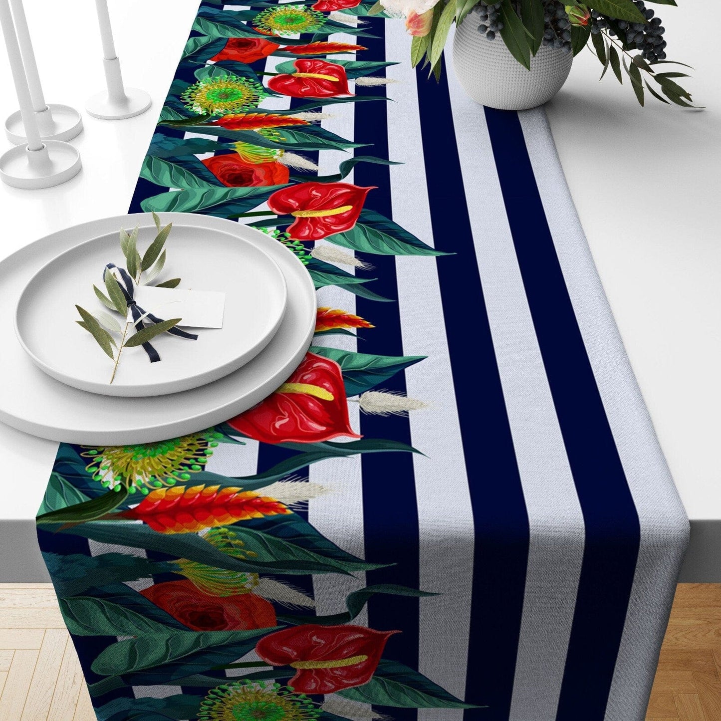 Onay Home Textile table runner 3 / 12 x 46 inch (30 x 120 cm) Lemon Table Runner Floral Table Cloth Stripe Lime Decoration