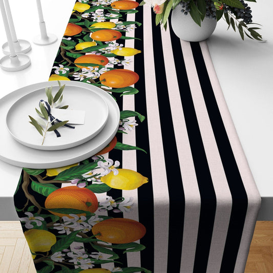 Onay Home Textile table runner 1 / 12 x 46 inch (30 x 120 cm) Lemon Table Runner Floral Table Cloth Stripe Lime Decoration