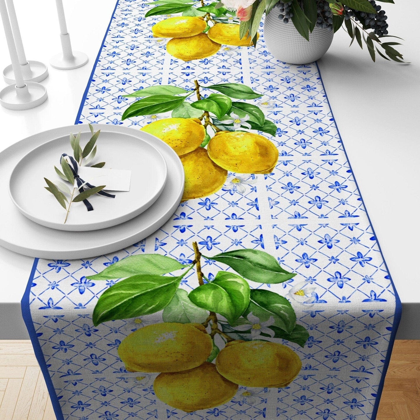 Onay 2 / 12 x 46 inch (30 x 120 cm) Lemon Yellow Citrus Lime Print Decorative Table Runner