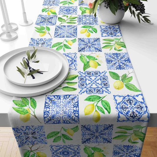 Onay Home Textile table runner 1 / 12 x 46 inch (30 x 120 cm) Lemons on Tile Table Runner Blue & Yellow Kitchen Runner