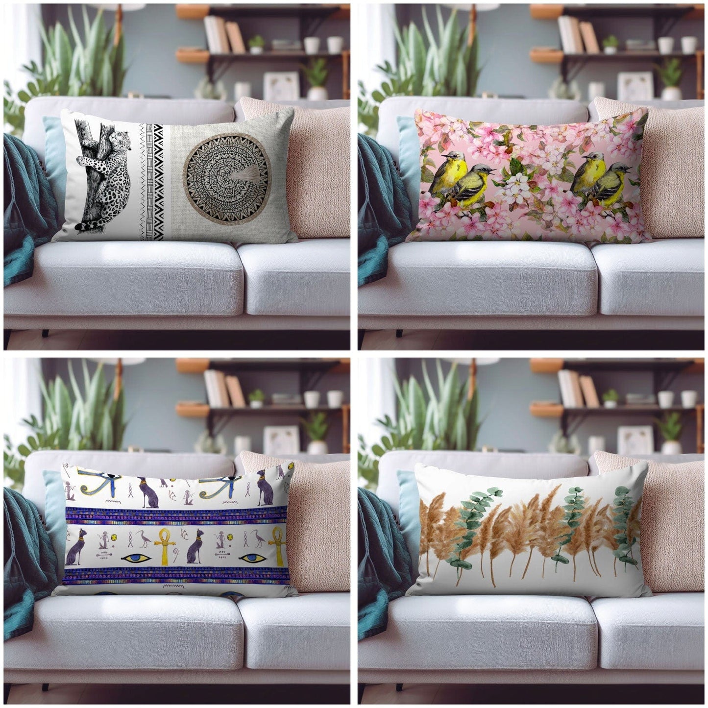 Onay Cushion Covers Leopard Rectangular Cushion Bird and Floral Pillow Covers