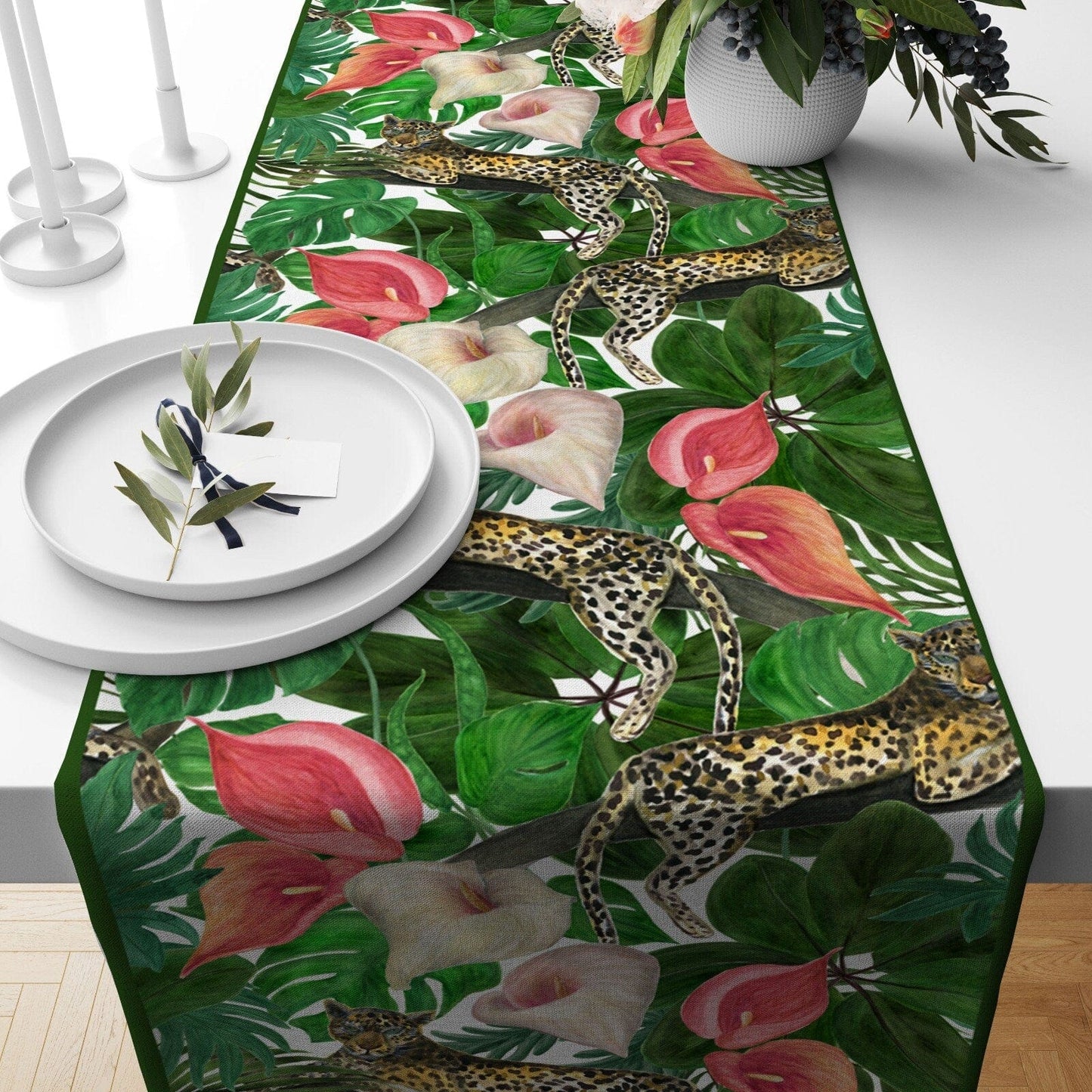 Onay Home Textile table runner 3 / 12 x 46 inch (30 x 120 cm) Leopard Tablecloth Green Kitchen Runner Wild Animals