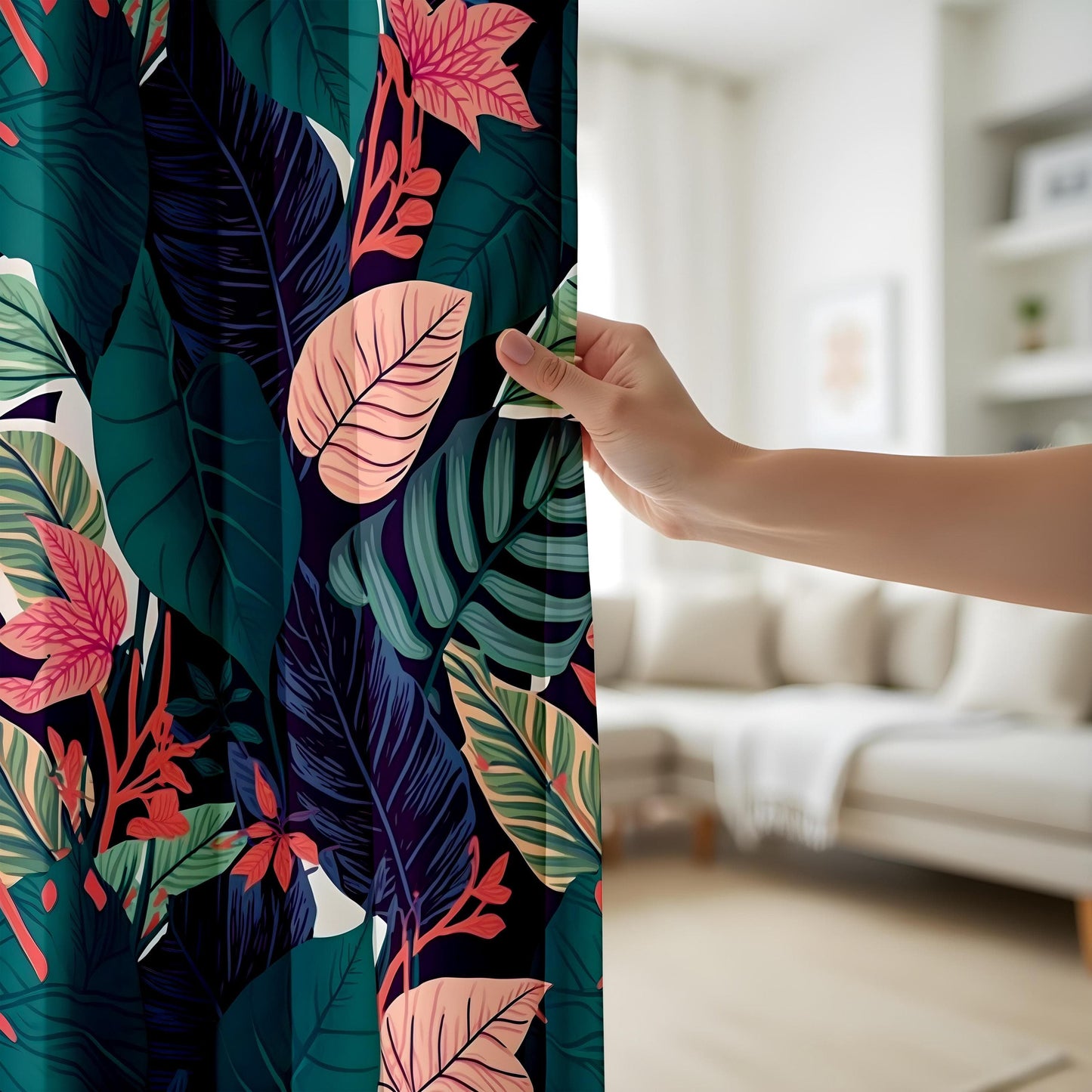 Onay Lush Botanical Curtains – Modern Tropical Drapes with Jungle-Inspired Green and Teal Floral Patterns