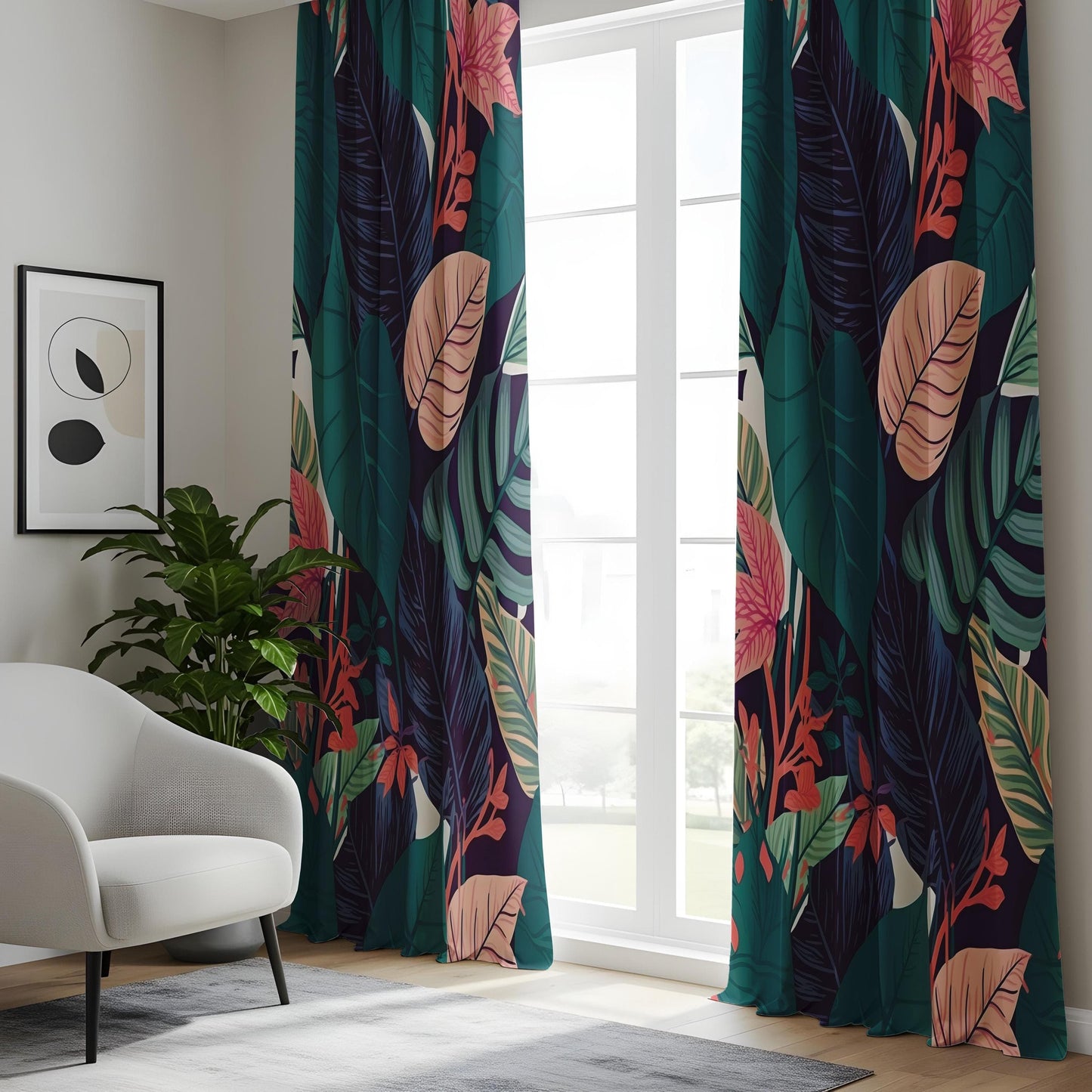 Onay Lush Botanical Curtains – Modern Tropical Drapes with Jungle-Inspired Green and Teal Floral Patterns