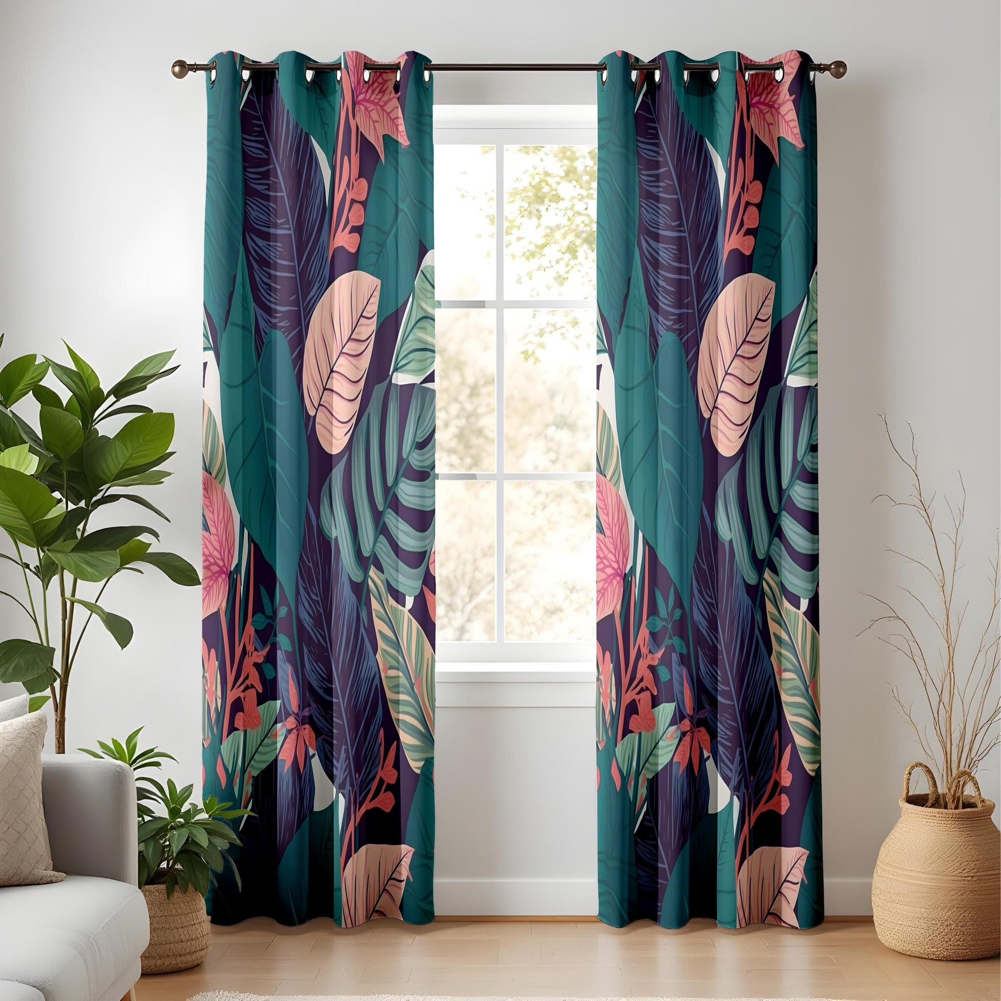 Onay Lush Botanical Curtains – Modern Tropical Drapes with Jungle-Inspired Green and Teal Floral Patterns