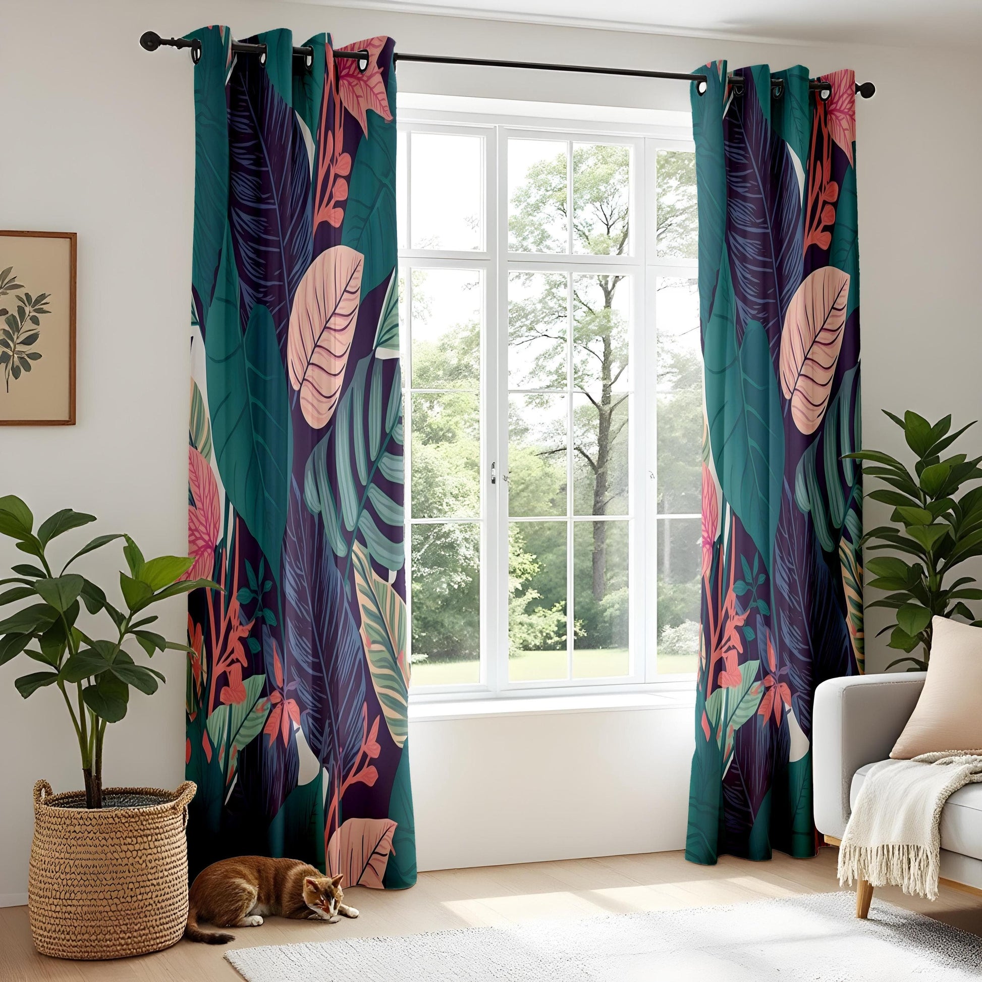 Onay Lush Botanical Curtains – Modern Tropical Drapes with Jungle-Inspired Green and Teal Floral Patterns
