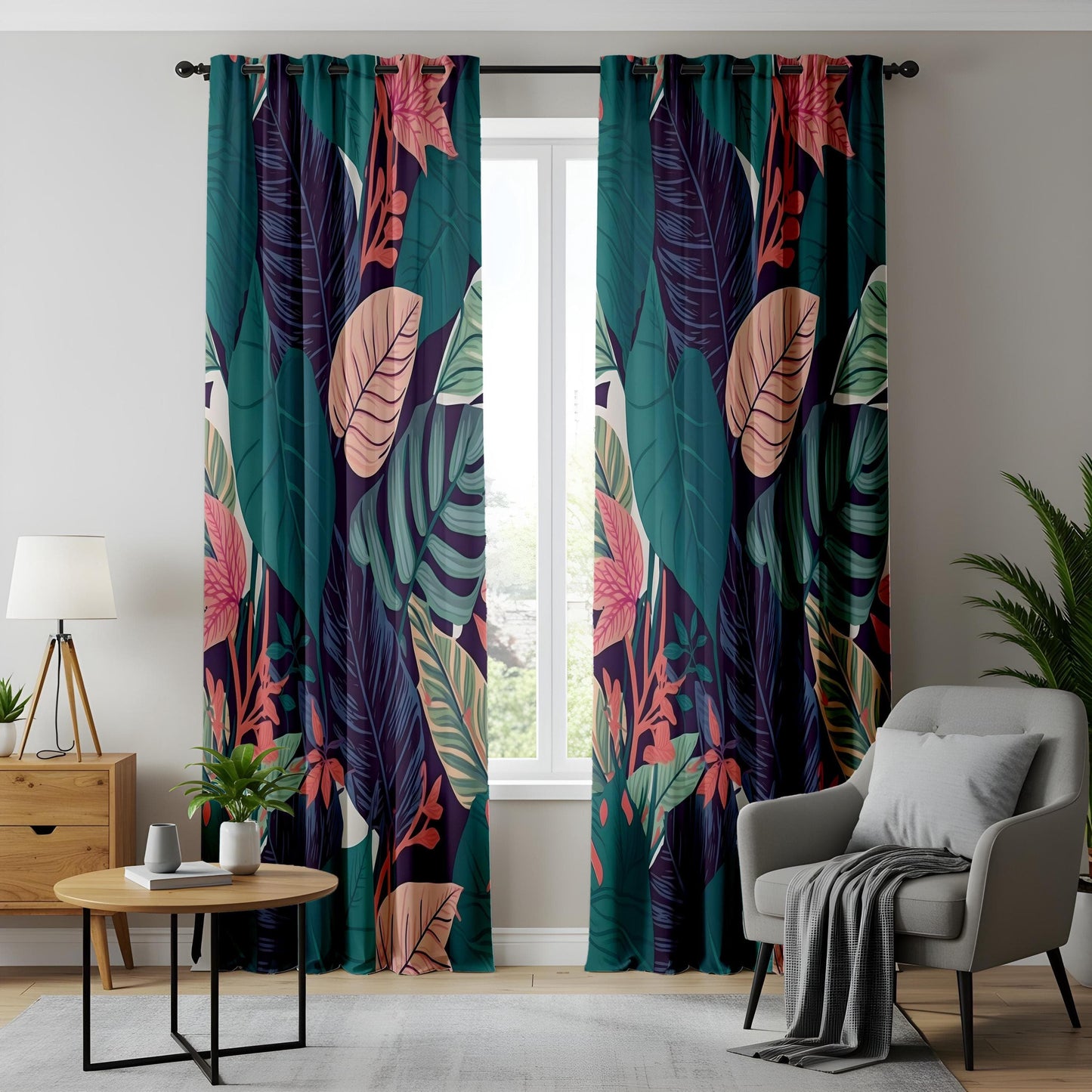 Onay Lush Botanical Curtains – Modern Tropical Drapes with Jungle-Inspired Green and Teal Floral Patterns