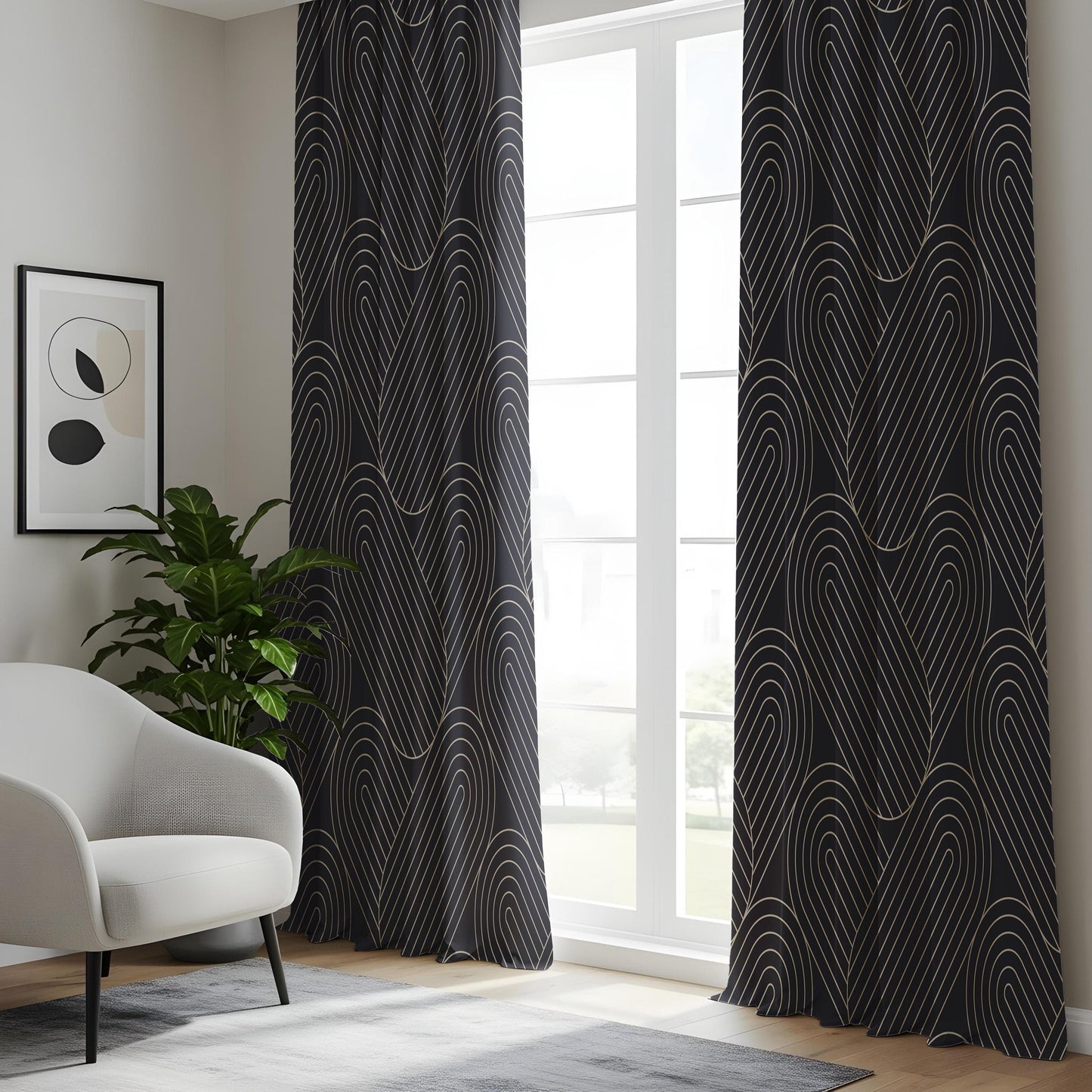 Onay Luxury Art Deco Living Room Curtains, Elegant Black Window Drapes