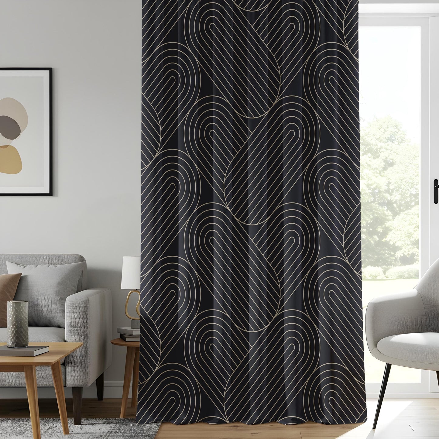 Onay Luxury Art Deco Living Room Curtains, Elegant Black Window Drapes