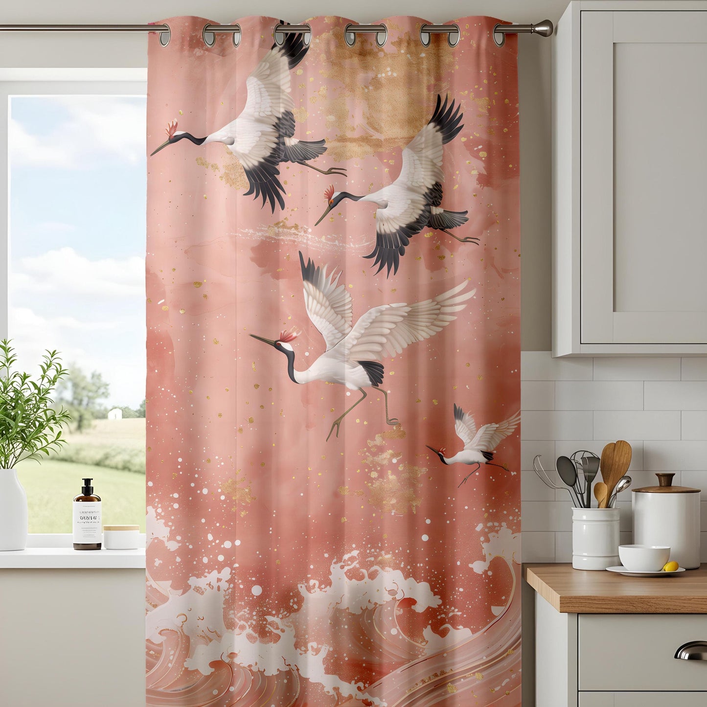 Onay Majestic Crane Curtains – Soft Pink and Gold Bird Motif Drapes for Elegant Interiors