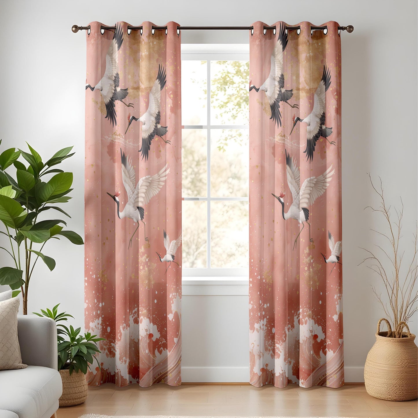 Onay Majestic Crane Curtains – Soft Pink and Gold Bird Motif Drapes for Elegant Interiors