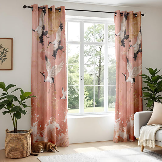 Onay Majestic Crane Curtains – Soft Pink and Gold Bird Motif Drapes for Elegant Interiors