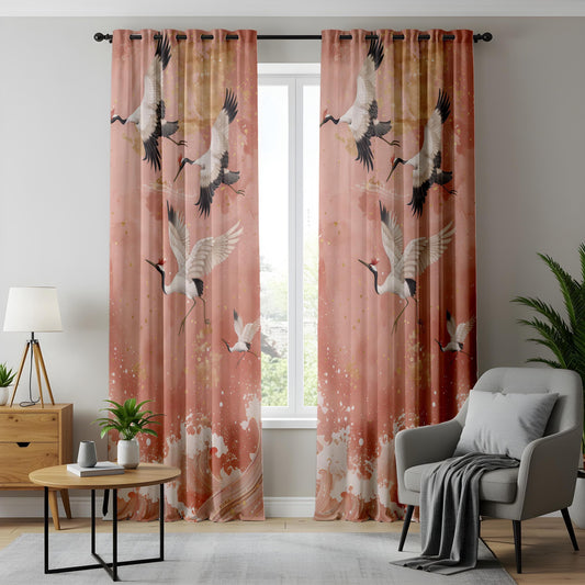 Onay Majestic Crane Curtains – Soft Pink and Gold Bird Motif Drapes for Elegant Interiors
