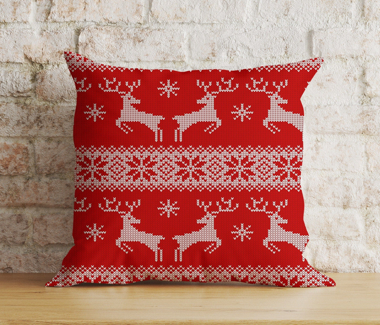 Onay 3 / 12 x 12 inch (30 x 30 cm) Double Side Merry Christmas Knitted Reindeer Red and White Cushion Cover