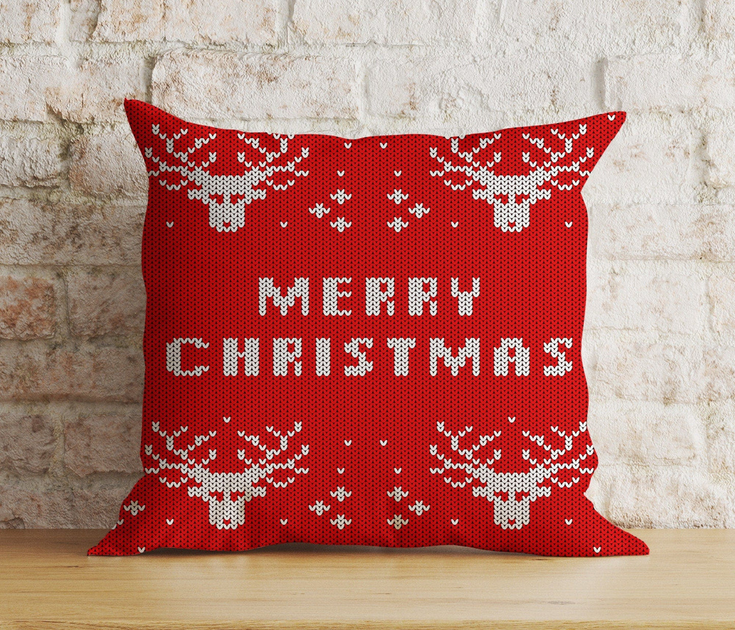 Onay 2 / 12 x 12 inch (30 x 30 cm) Double Side Merry Christmas Knitted Reindeer Red and White Cushion Cover