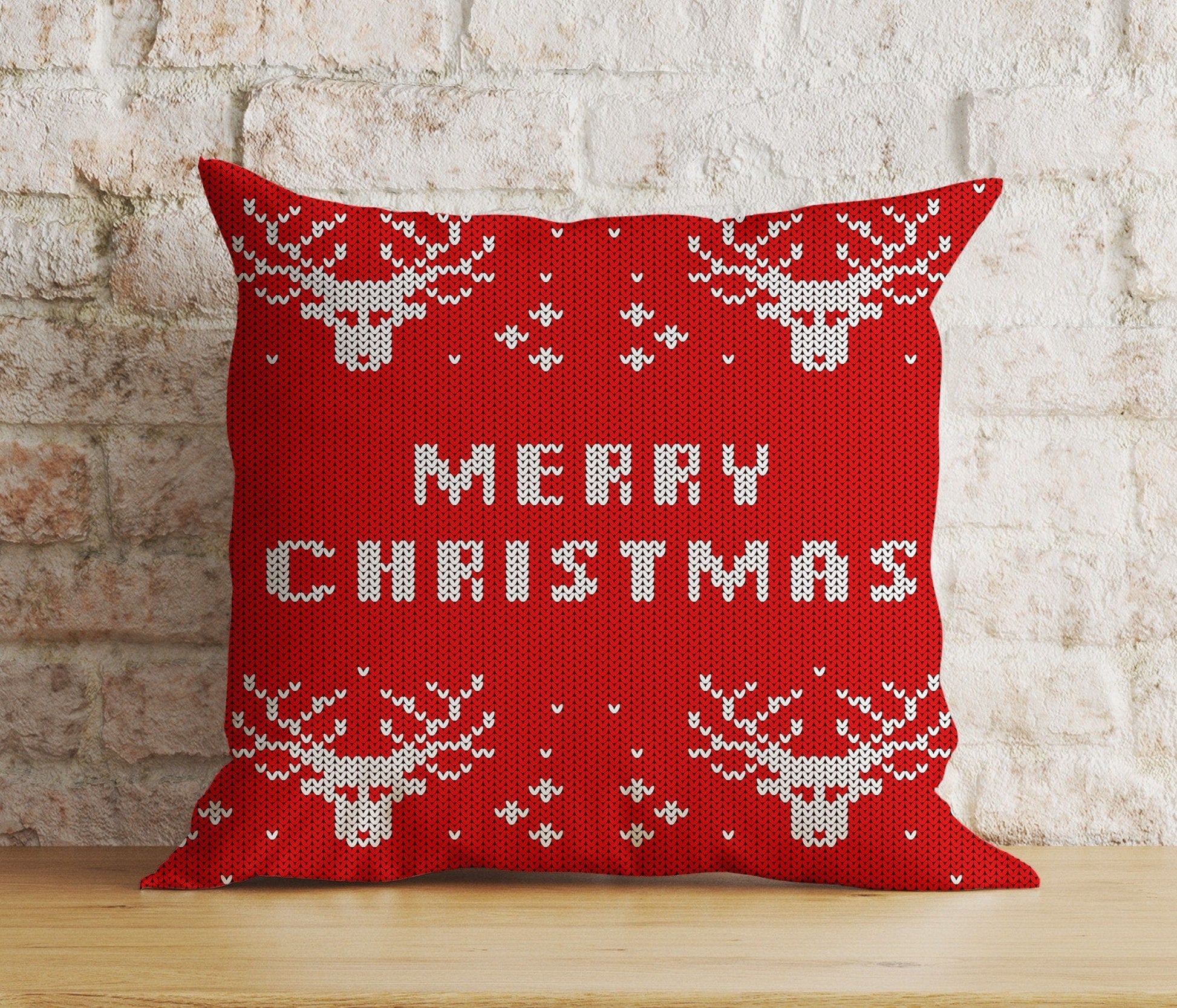 Onay 2 / 12 x 12 inch (30 x 30 cm) Double Side Merry Christmas Knitted Reindeer Red and White Cushion Cover