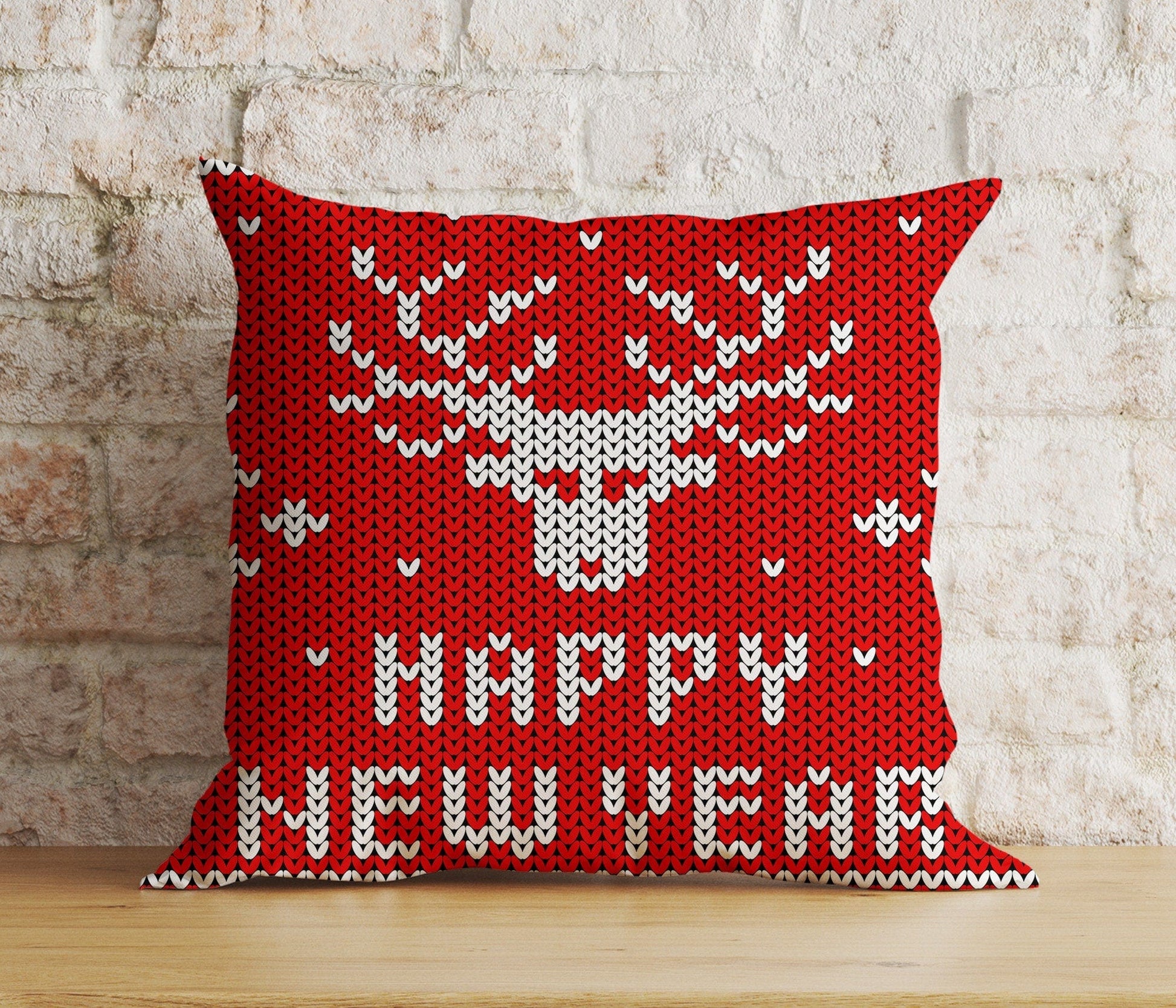 Onay 1 / 12 x 12 inch (30 x 30 cm) Double Side Merry Christmas Knitted Reindeer Red and White Cushion Cover