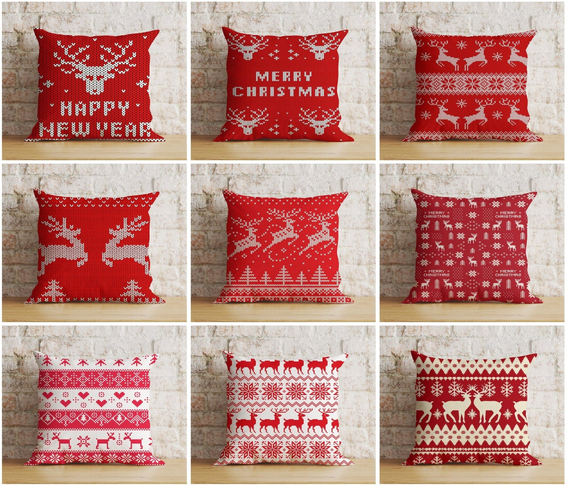 Onay Merry Christmas Knitted Reindeer Red and White Cushion Cover