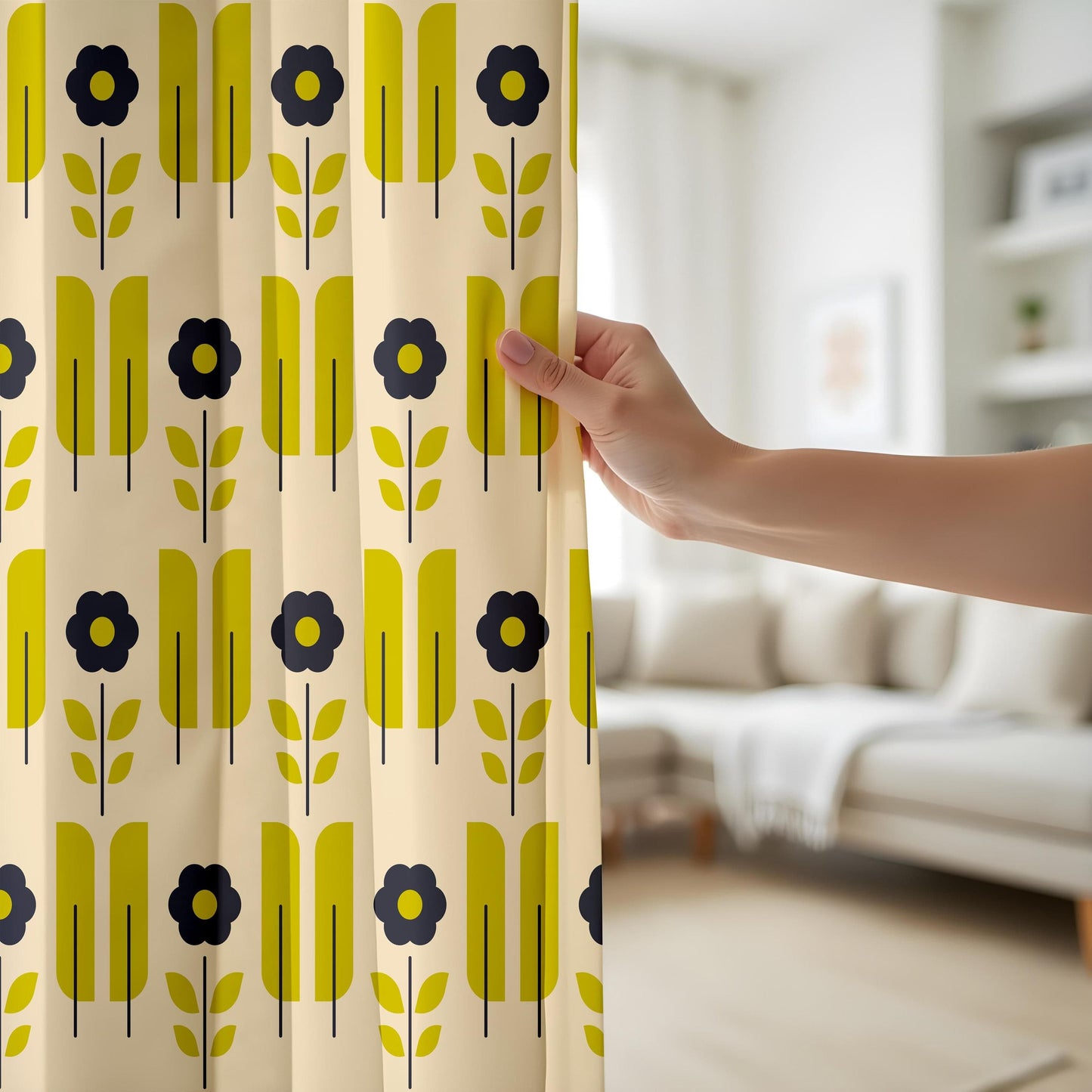 Onay Mid-Century Floral Curtains – Retro Yellow & Black Bloom Drapes