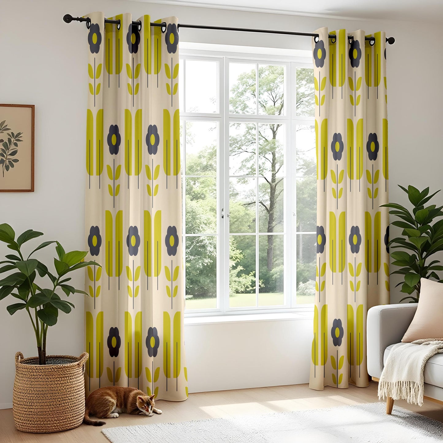 Onay Mid-Century Floral Curtains – Retro Yellow & Black Bloom Drapes