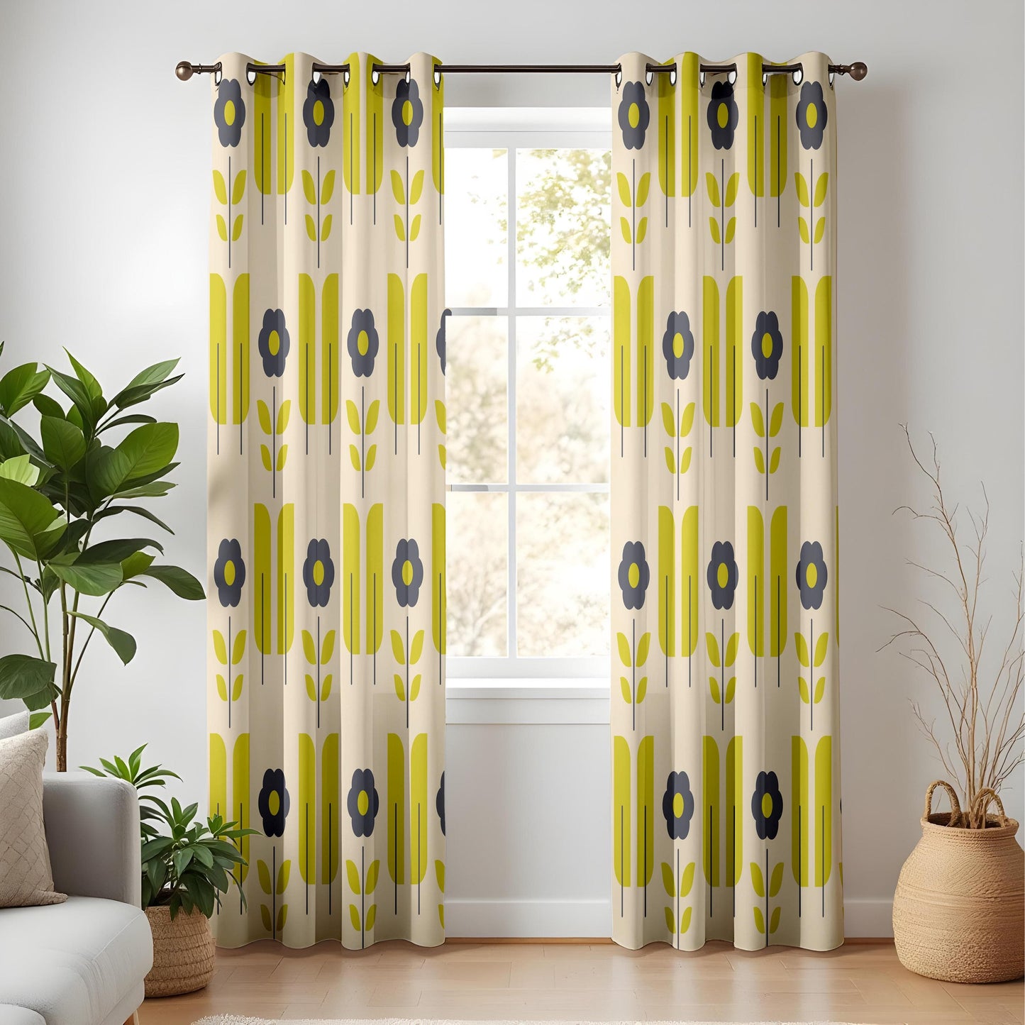 Onay Mid-Century Floral Curtains – Retro Yellow & Black Bloom Drapes