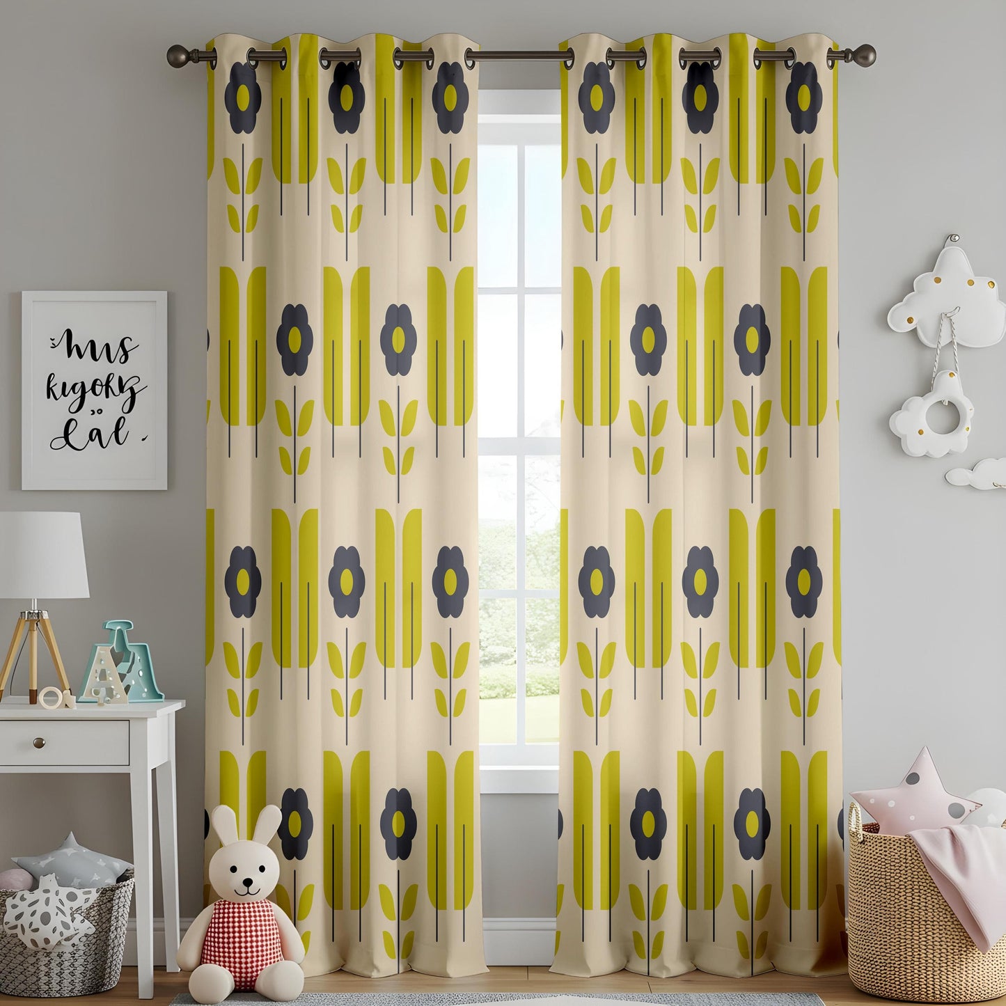 Onay Mid-Century Floral Curtains – Retro Yellow & Black Bloom Drapes