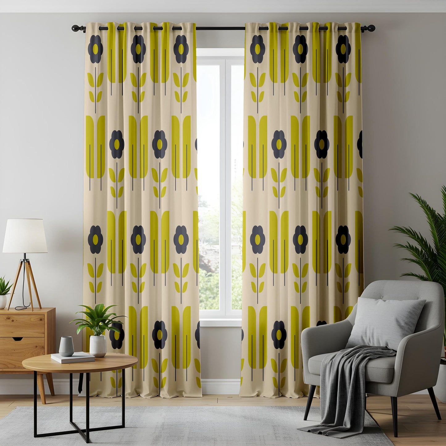 Onay Mid-Century Floral Curtains – Retro Yellow & Black Bloom Drapes