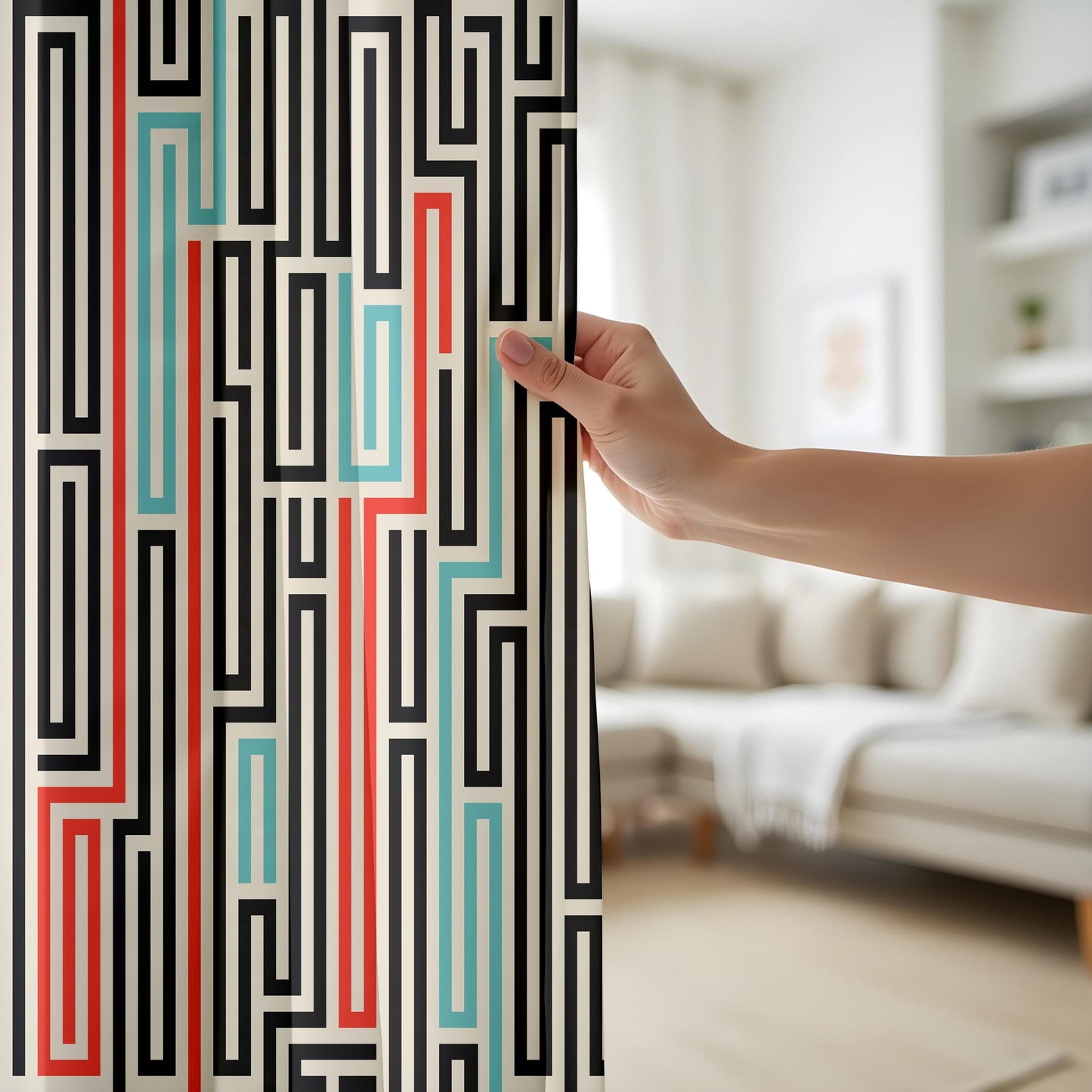 Onay Mid-Century Modern Curtains – Bold Abstract Maze and Retro Color Block Design