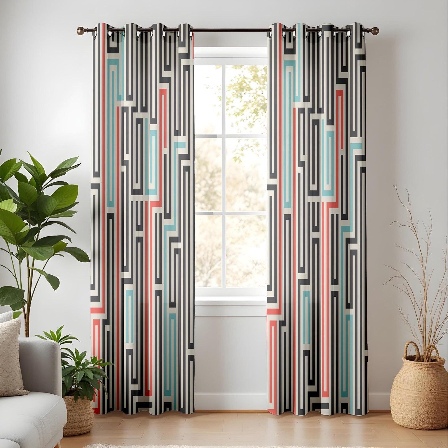 Onay Mid-Century Modern Curtains – Bold Abstract Maze and Retro Color Block Design
