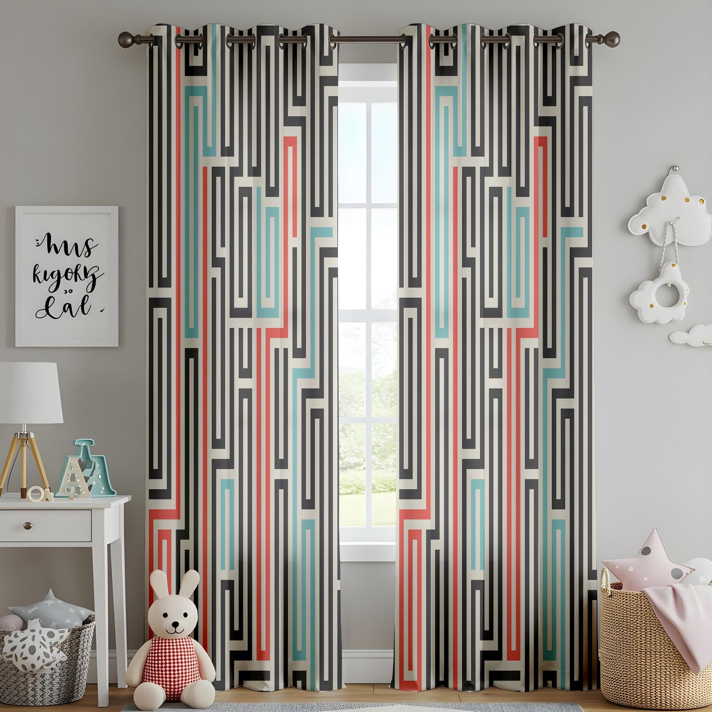 Onay Mid-Century Modern Curtains – Bold Abstract Maze and Retro Color Block Design