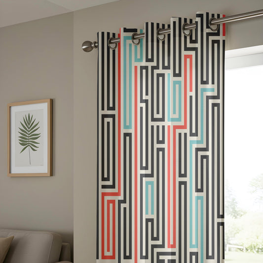 Onay Mid-Century Modern Curtains – Bold Abstract Maze and Retro Color Block Design