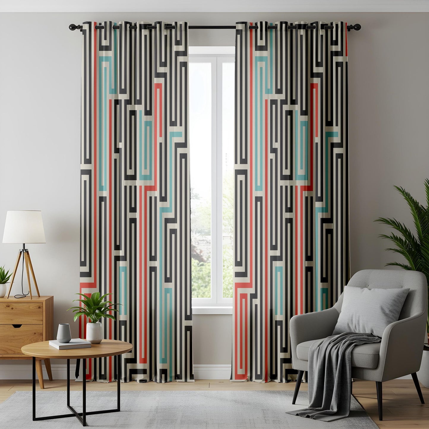 Onay Mid-Century Modern Curtains – Bold Abstract Maze and Retro Color Block Design