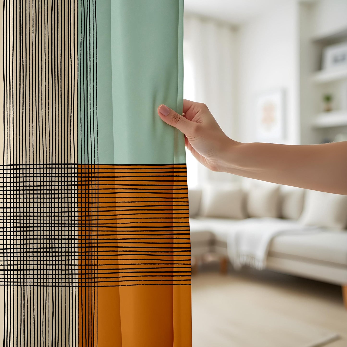 Onay Mid-Century Modern Geometric Curtains – Hand-Drawn Abstract Line Drapes