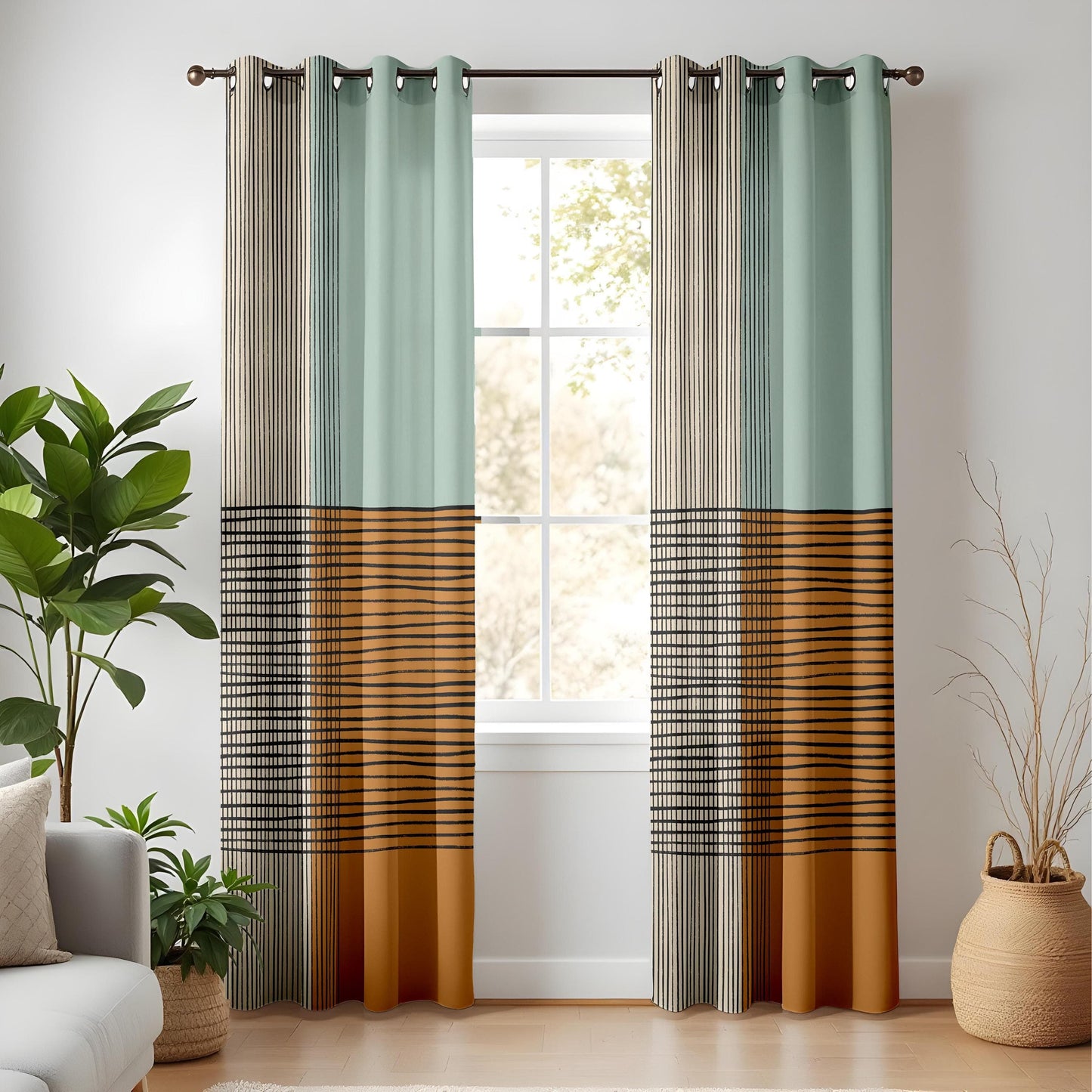 Onay Mid-Century Modern Geometric Curtains – Hand-Drawn Abstract Line Drapes