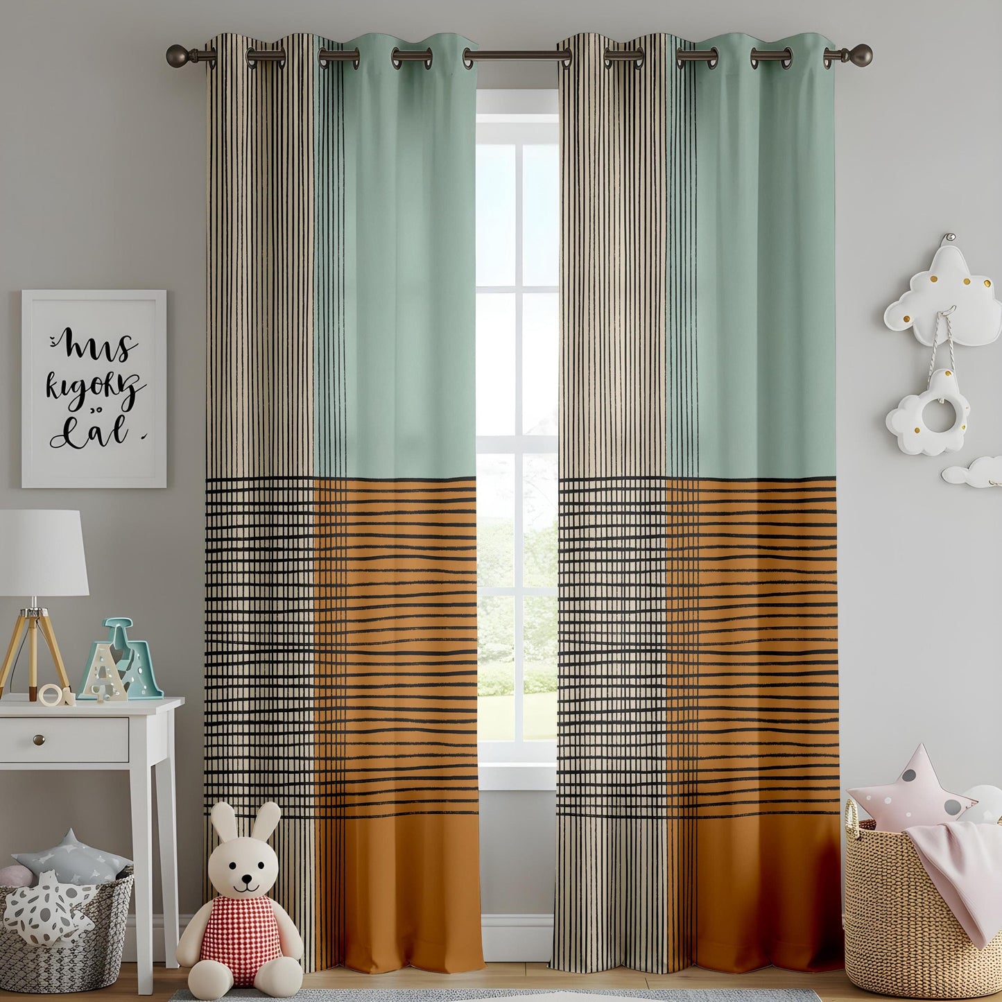 Onay Mid-Century Modern Geometric Curtains – Hand-Drawn Abstract Line Drapes