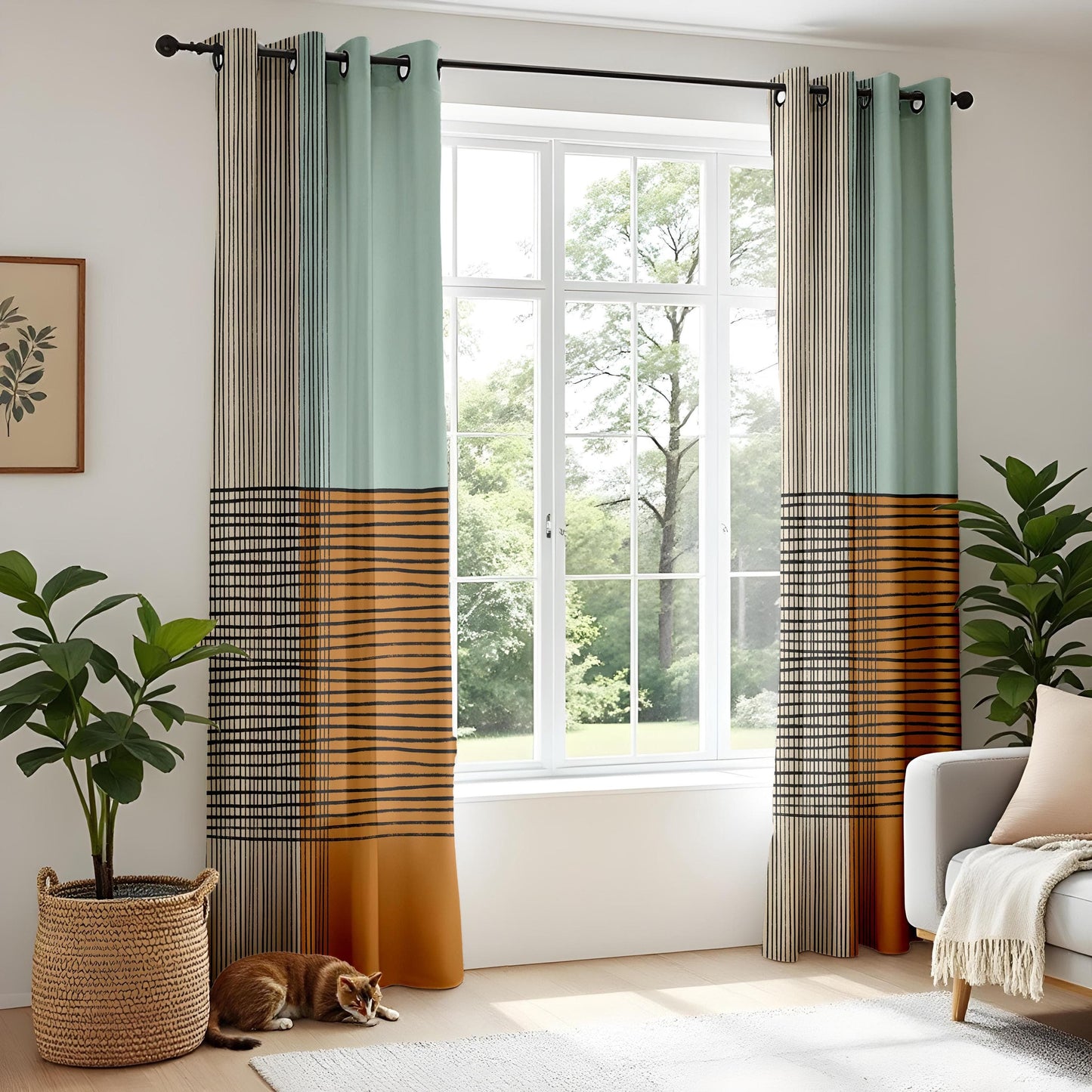 Onay Mid-Century Modern Geometric Curtains – Hand-Drawn Abstract Line Drapes
