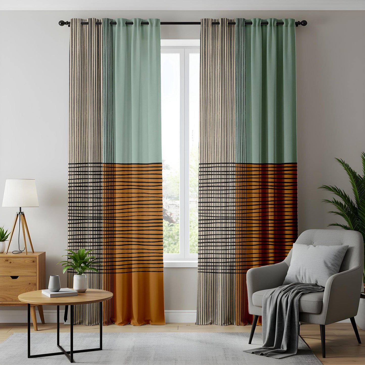 Onay Mid-Century Modern Geometric Curtains – Hand-Drawn Abstract Line Drapes