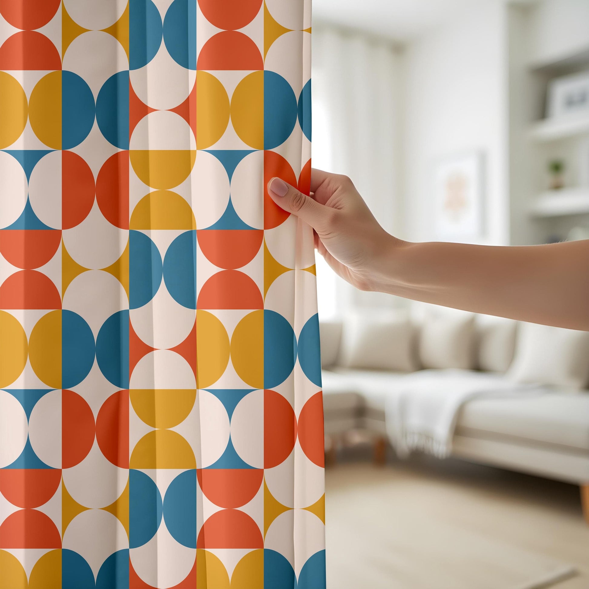 Onay Mid-Century Modern Living Room Curtains, Retro Geometric Window Drapes