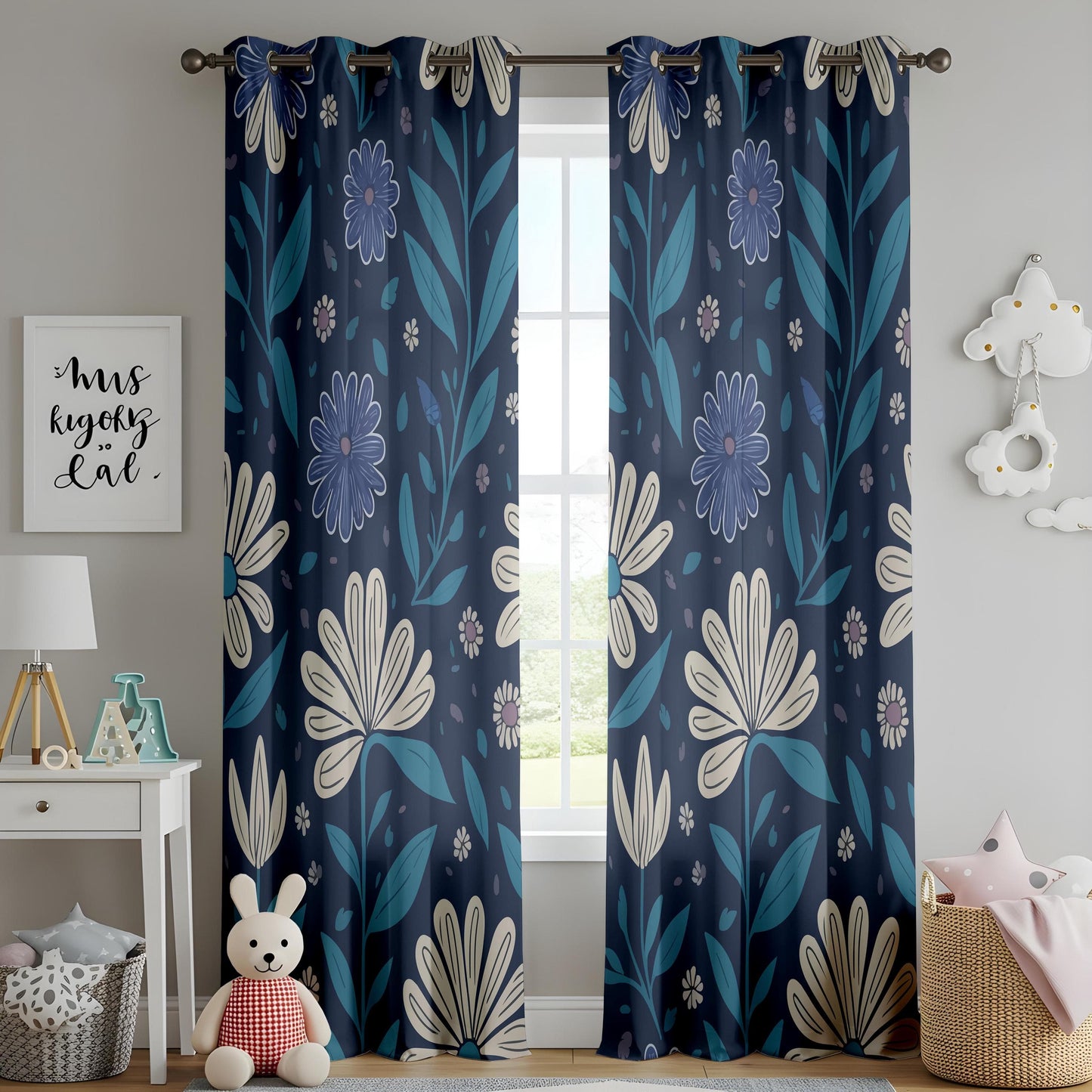 Onay Midnight Floral Curtains – Elegant Dark Blue Botanical Drapes with Cream and Teal Flowers