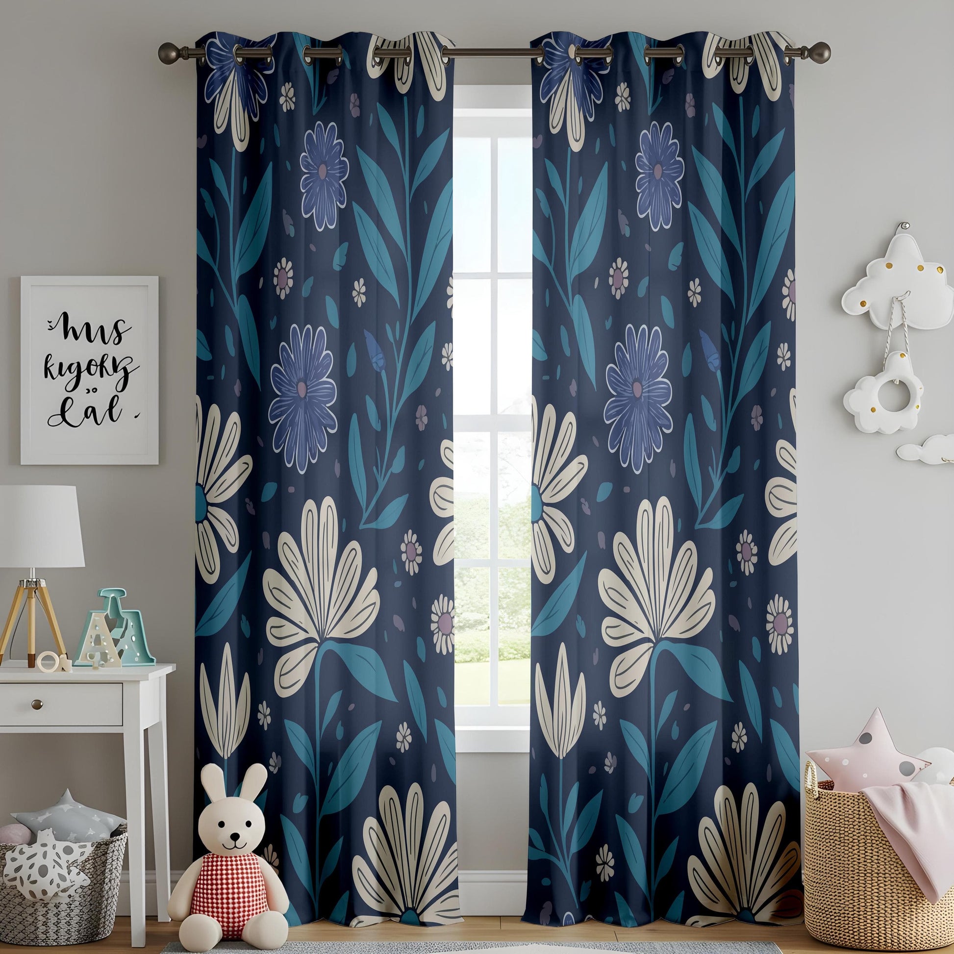 Onay Midnight Floral Curtains – Elegant Dark Blue Botanical Drapes with Cream and Teal Flowers