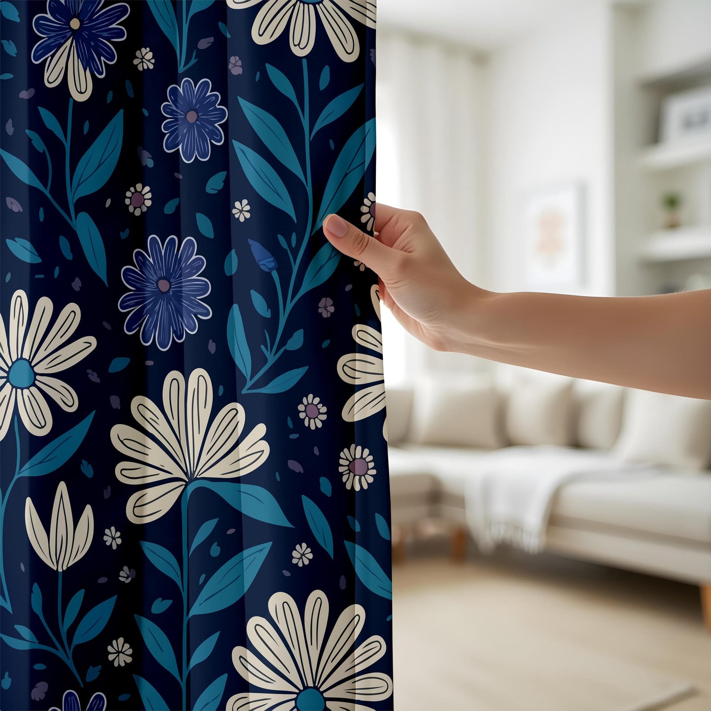 Onay Midnight Floral Curtains – Elegant Dark Blue Botanical Drapes with Cream and Teal Flowers