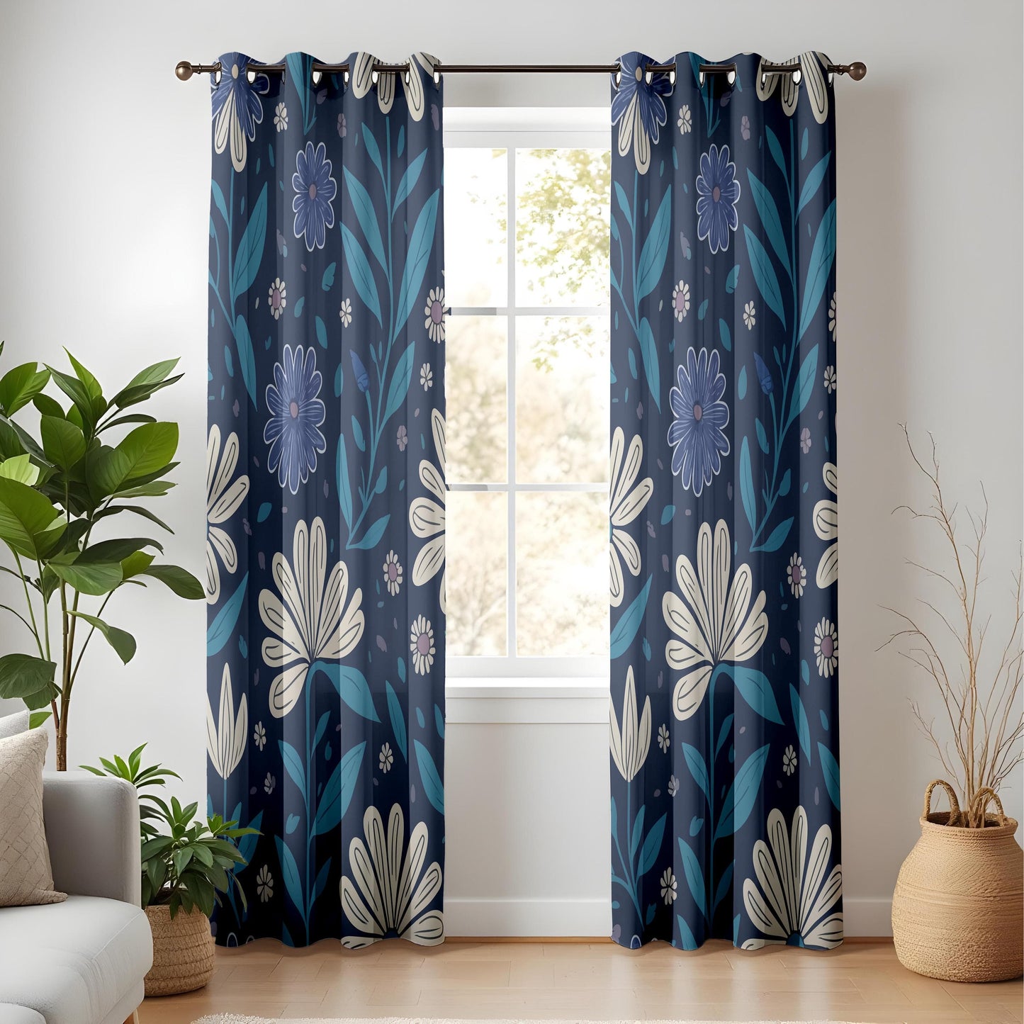 Onay Midnight Floral Curtains – Elegant Dark Blue Botanical Drapes with Cream and Teal Flowers