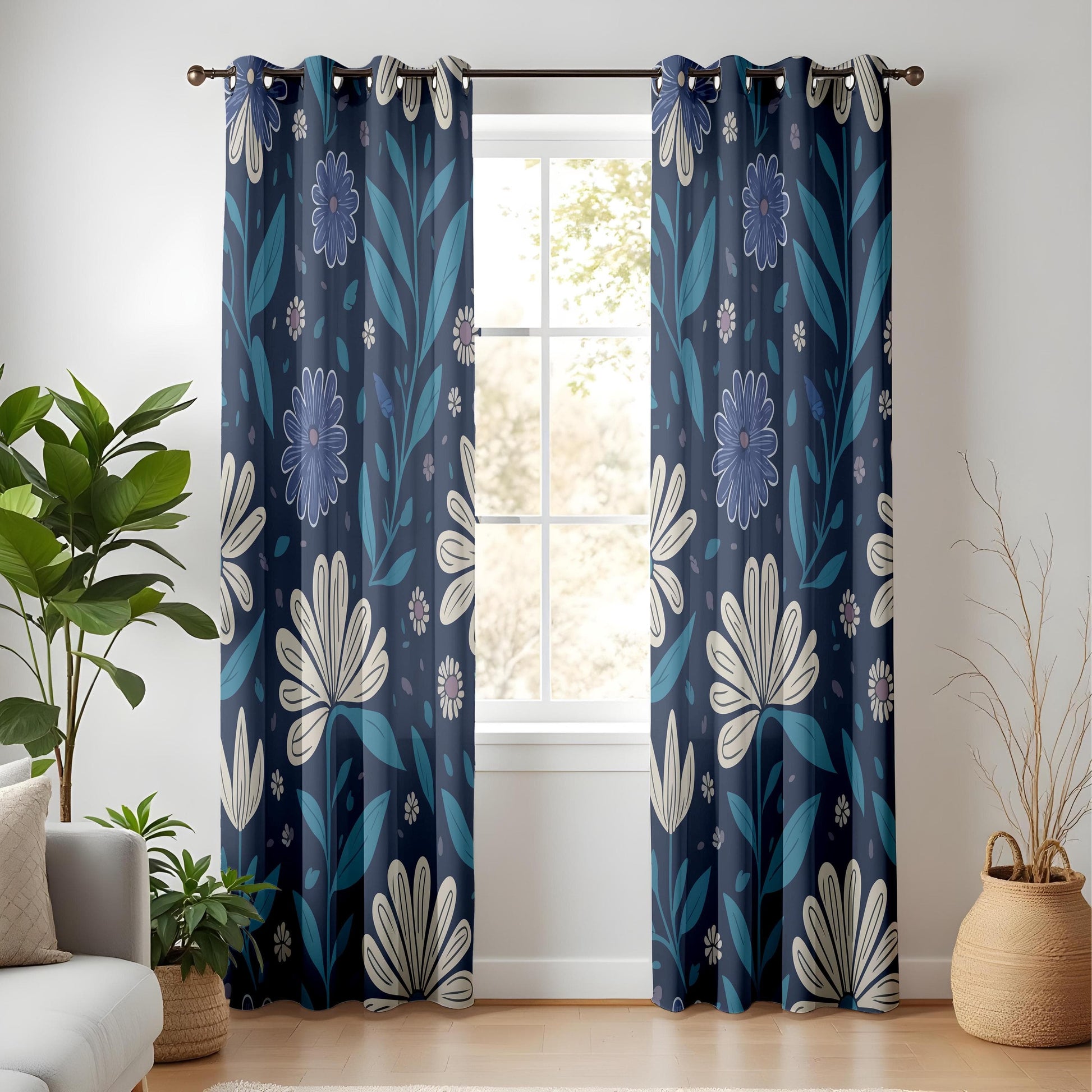 Onay Midnight Floral Curtains – Elegant Dark Blue Botanical Drapes with Cream and Teal Flowers