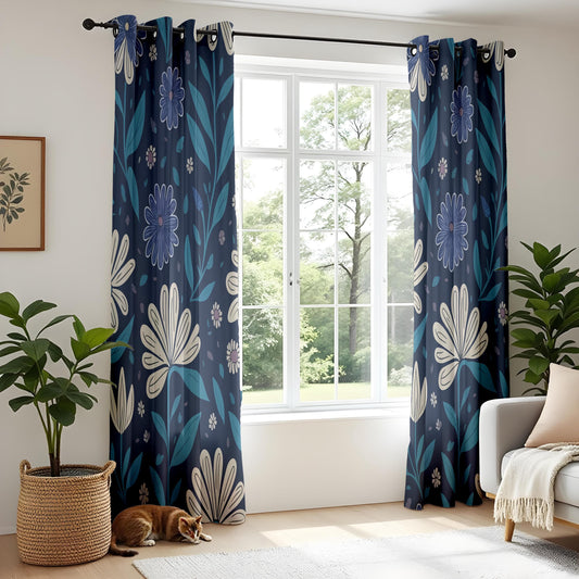 Onay Midnight Floral Curtains – Elegant Dark Blue Botanical Drapes with Cream and Teal Flowers