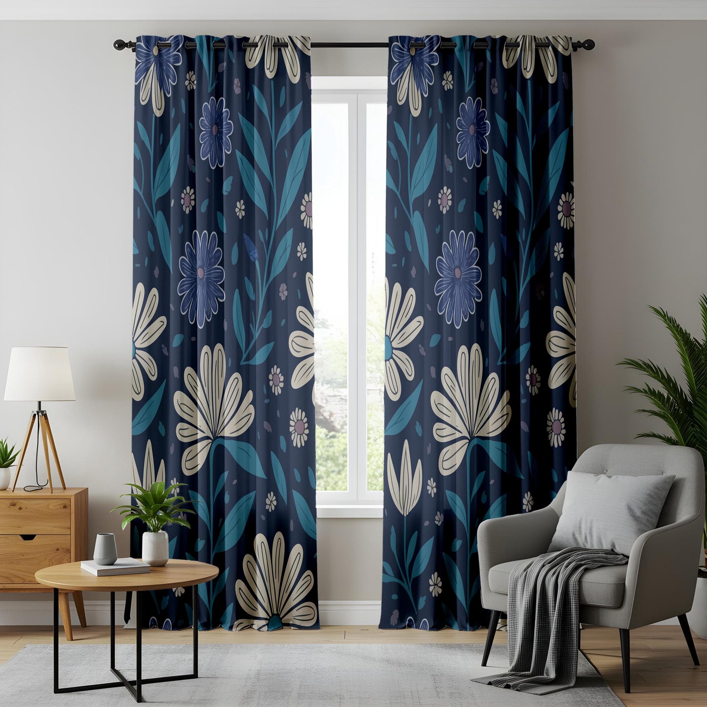 Onay Midnight Floral Curtains – Elegant Dark Blue Botanical Drapes with Cream and Teal Flowers
