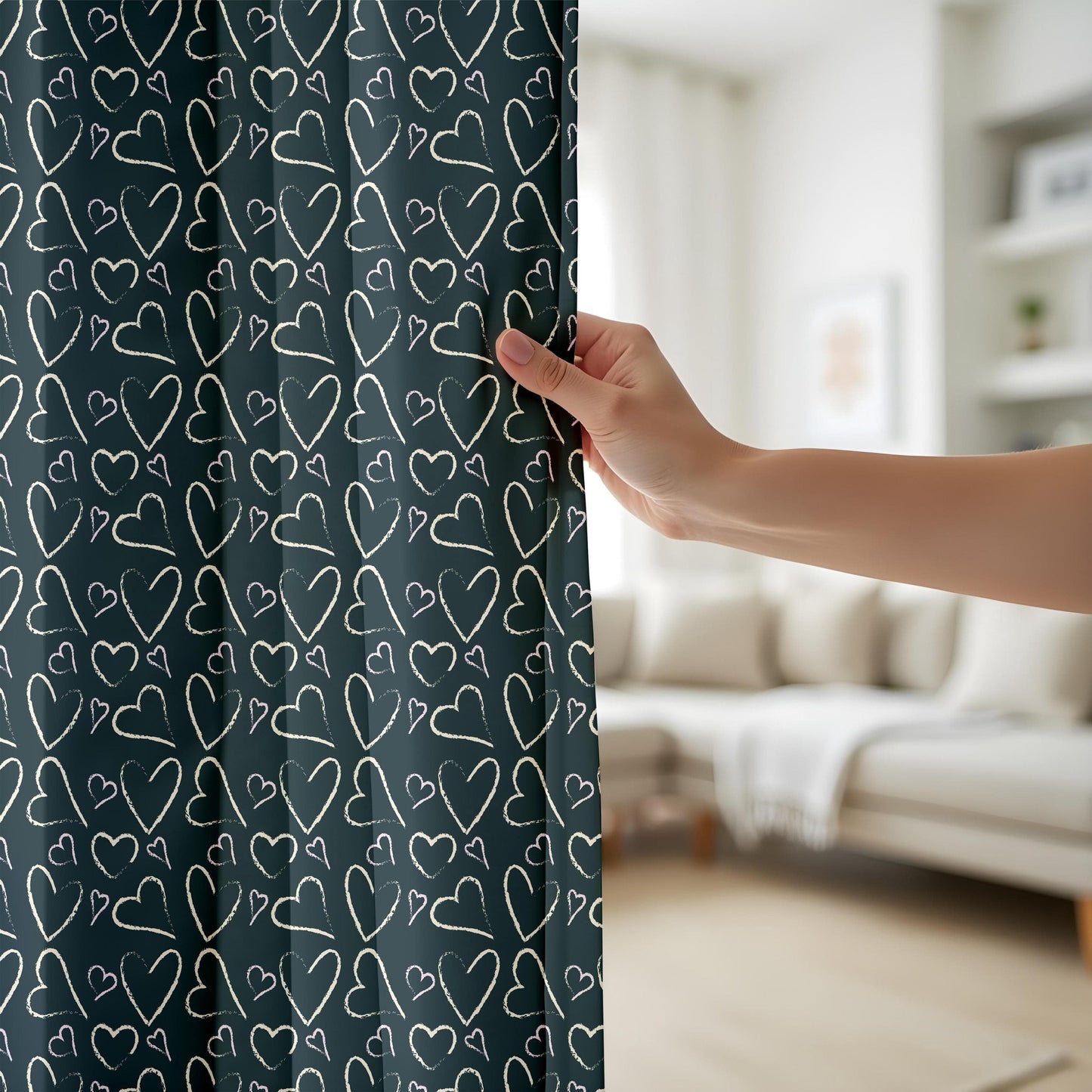 Onay Minimalist Heart Print Curtains, Dark Gray White Love Pattern Drapes
